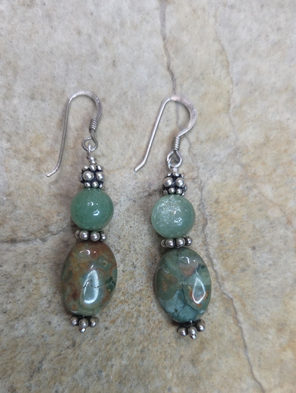 Vintage 925 Sterling Silver Green Natural Stone Drop Earrings with Silver Beads